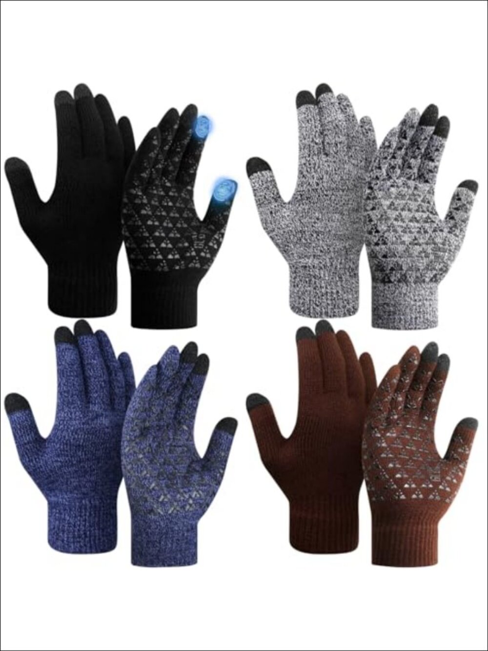 Winter Knit Gloves Touchscreen Mittens Fleece Lined Silicone Grip 4 Pairs